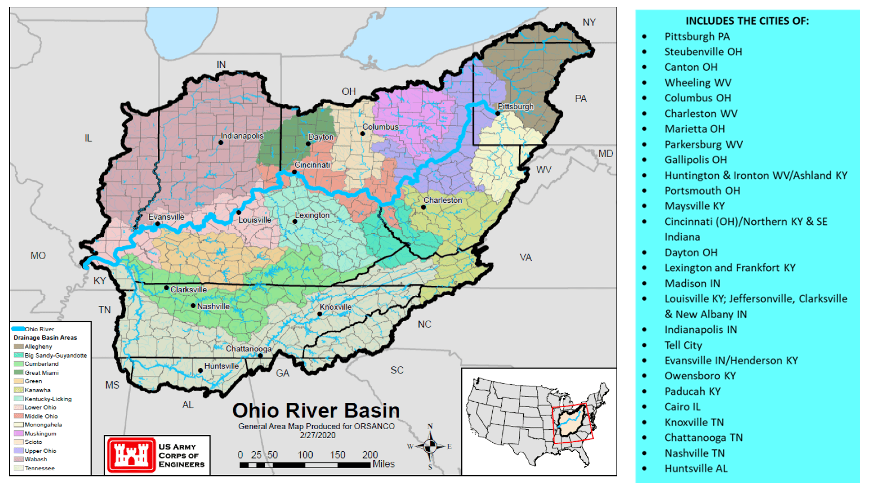 Ohio River Watershed Map and List of Cities